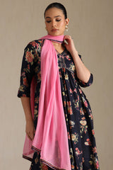 Women's Navy Blue Viscose Blend Floral Print Suit Set With Beads