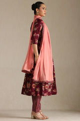 Women's Wine Viscose Blend Floral Print Suit Set With Beads