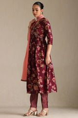 Women's Wine Viscose Blend Floral Print Suit Set With Beads