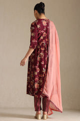 Women's Wine Viscose Blend Floral Print Suit Set With Beads