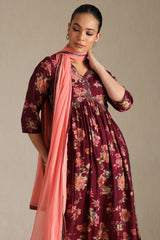 Women's Wine Viscose Blend Floral Print Suit Set With Beads
