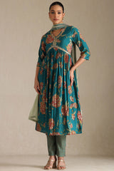 Women's Teal Viscose Floral Print Suit Set With Sequins