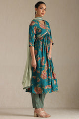 Women's Teal Viscose Floral Print Suit Set With Sequins