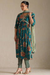 Women's Teal Viscose Floral Print Suit Set With Sequins