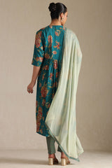 Women's Teal Viscose Floral Print Suit Set With Sequins