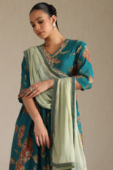 Women's Teal Viscose Floral Print Suit Set With Sequins