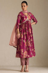Women's Magenta Viscose Floral Print Suit Set With Sequins