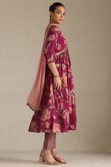Women's Magenta Viscose Floral Print Suit Set With Sequins