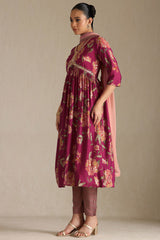 Women's Magenta Viscose Floral Print Suit Set With Sequins