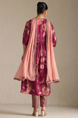 Women's Magenta Viscose Floral Print Suit Set With Sequins