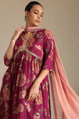 Women's Magenta Viscose Floral Print Suit Set With Sequins