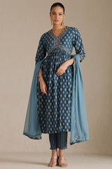 Women's Blue Viscose Muslin Ethnic Motif Suit Set With Sequins