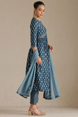 Women's Blue Viscose Muslin Ethnic Motif Suit Set With Sequins