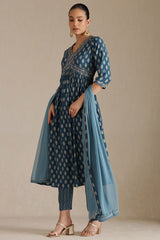Women's Blue Viscose Muslin Ethnic Motif Suit Set With Sequins