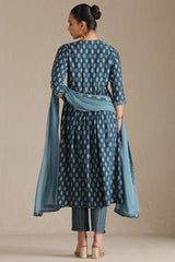 Women's Blue Viscose Muslin Ethnic Motif Suit Set With Sequins