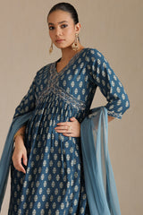 Women's Blue Viscose Muslin Ethnic Motif Suit Set With Sequins