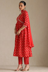 Women's Red Viscose Muslin Floral Print Suit Set With Zari
