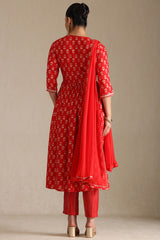 Women's Red Viscose Muslin Floral Print Suit Set With Zari