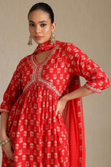 Women's Red Viscose Muslin Floral Print Suit Set With Zari