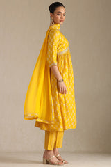 Women's Yellow Viscose Muslin Floral Print Suit Set With Zari