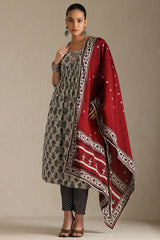 Women's Grey Viscose Floral Print Suit Set With Zardozi