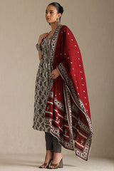 Women's Grey Viscose Floral Print Suit Set With Zardozi