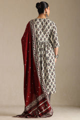 Women's Grey Viscose Floral Print Suit Set With Zardozi
