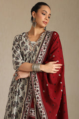 Women's Grey Viscose Floral Print Suit Set With Zardozi