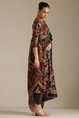 Women's Black Viscose Floral Print Suit Set With Zardozi
