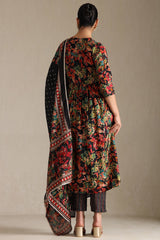 Women's Black Viscose Floral Print Suit Set With Zardozi