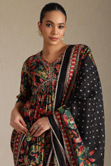 Women's Black Viscose Floral Print Suit Set With Zardozi