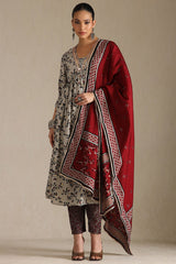 Women's Grey Viscose Blend Floral Print Suit Set With Sequins