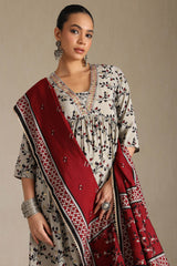 Women's Grey Viscose Blend Floral Print Suit Set With Sequins