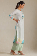 Women's Powder Blue Rayon Botanical Print Kurta With Beads