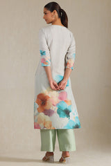 Women's Powder Blue Rayon Botanical Print Kurta With Beads