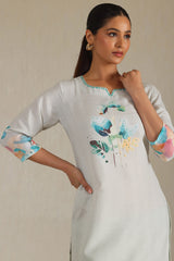 Women's Powder Blue Rayon Botanical Print Kurta With Beads