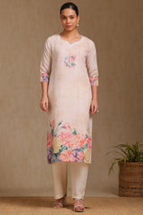 Women's Beige Rayon Botanical Print Kurta With Beads