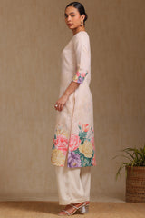 Women's Beige Rayon Botanical Print Kurta With Beads
