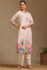 Women's Beige Rayon Botanical Print Kurta With Beads