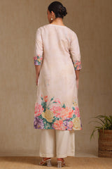 Women's Beige Rayon Botanical Print Kurta With Beads