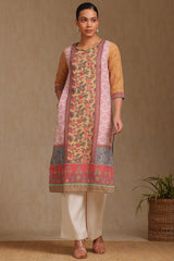 Women's Mustard Rayon Botanical Print Kurta With Thread Work
