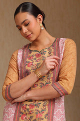 Women's Mustard Rayon Botanical Print Kurta With Thread Work