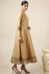 Women's Mustard Kota Floral Print Dress With Thread Work