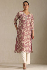 Women's Onion Pink Tissue Floral Print Kurta With Mirror Work