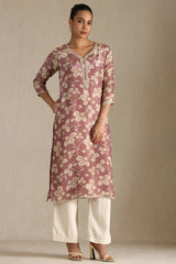Women's Onion Pink Tissue Floral Print Kurta With Mirror Work