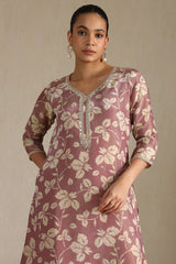 Women's Onion Pink Tissue Floral Print Kurta With Mirror Work