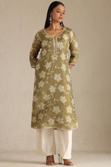 Women's Olive Tissue Floral Print Kurta With Mirror And Pearl