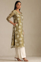Women's Olive Tissue Floral Print Kurta With Mirror And Pearl