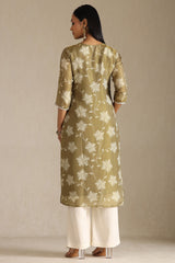 Women's Olive Tissue Floral Print Kurta With Mirror And Pearl