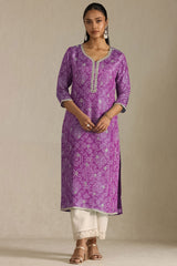 Women's Purple Tissue Bandhani Print Kurta With Mirror Work